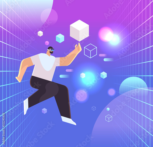 man in digital glasses exploring vr vision headset innovation metaverse concept