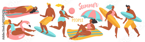 vector illustration in flat style - set of elements. various people on the beach - surfers, sunbathing, swimming