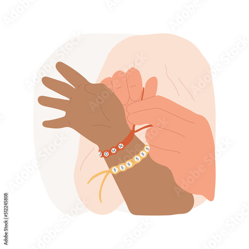 Emergency bracelets isolated cartoon vector illustration. Emergency identification tags, children with bracelet, badge with name and phone number, field trip security measure vector cartoon.