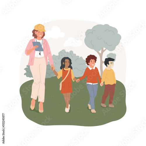 Chaperones isolated cartoon vector illustration. Adult supervisor leading children on the street, field trip security guard, kids walking together, chaperon for excursion vector cartoon.