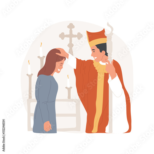 Confirmation isolated cartoon vector illustration. Confirmation in the Catholic church process, woman accepting faith, religious Holy days, spiritual observances and practices vector cartoon.