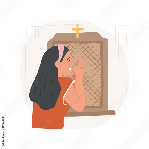 Penance isolated cartoon vector illustration. Woman penancing in the Confession booth, making Catholic observances and practices, religious Holy days, salvation sacraments vector cartoon.