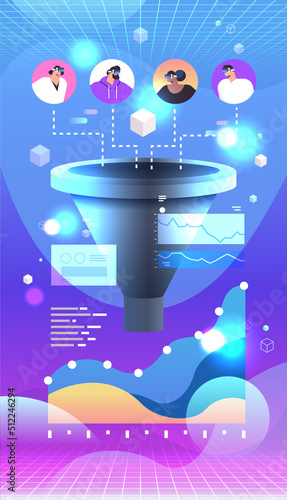 mix race customers or employees wearing digital glasses metaverse virtual reality technology sales funnel cone internet marketing