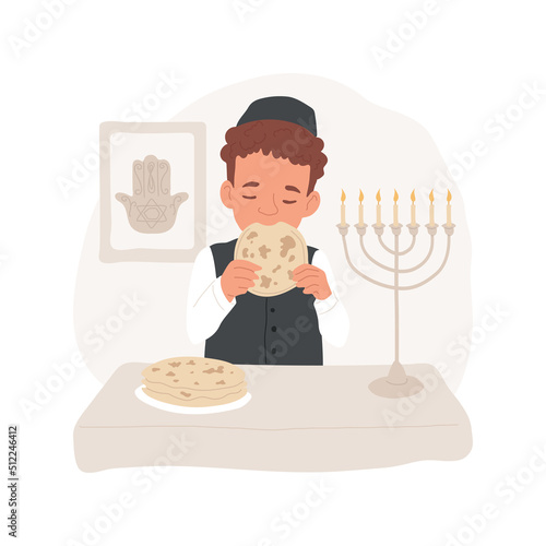 Pesach isolated cartoon vector illustration. Little boy eating matza unleavened bread for Passover holiday, religious festivals, Pesach celebration, traditional Jewish food vector cartoon.