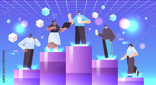 businesspeople in vr glasses standing on graph columns virtual reality vision headset innovation metaverse teamwork leadership
