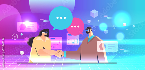 businesspeople in vr glasses shaking hands virtual reality vision headset innovation metaverse partnership teamwork