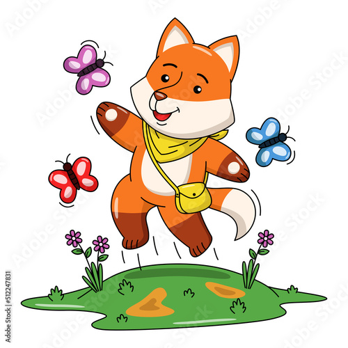 Cartoon illustration of a cute fox playing with a butterfly