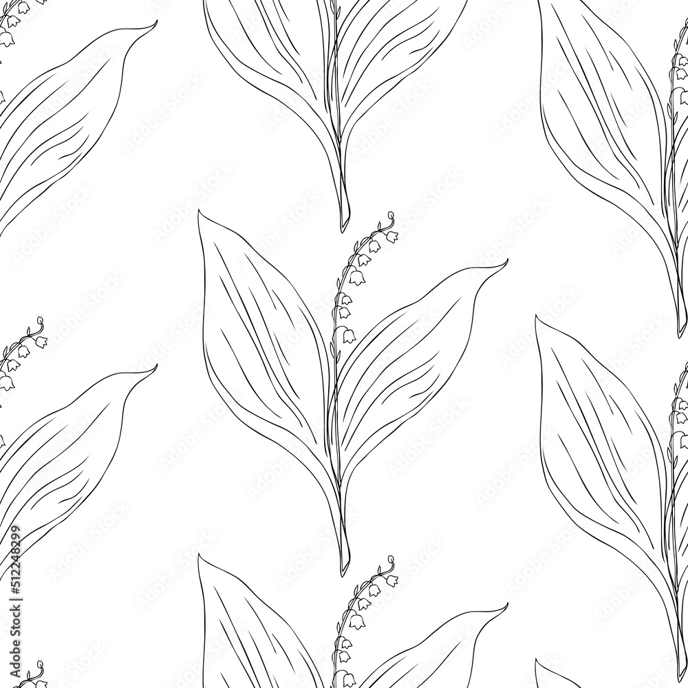 Obraz premium Seamless pattern Lily of the valley, Convallaria flower, line art muguet isolated on white background, botanical hand drawn vector illustration for design cosmetic, greeting card, wedding invite