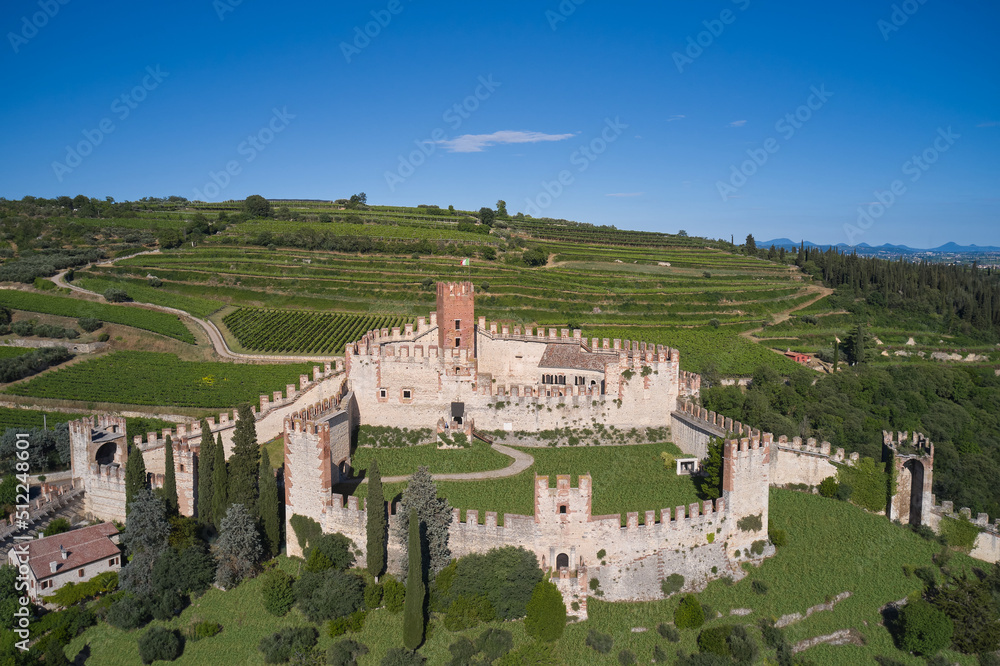 Soave castle aerial view Verona province, Italy. View of Soave castle surrounded by vineyard plantations. Ancient castle on a hill in Italy.