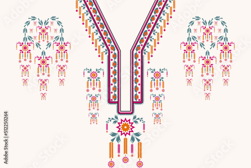 Vector colorful ethnic geometric V-neckline pattern with flower shape design. Beautiful tribal art feminine shirts style.