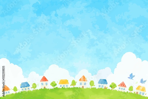 のどかな手描きの街並みイラスト