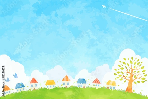 爽やかな青空と街並みイラスト