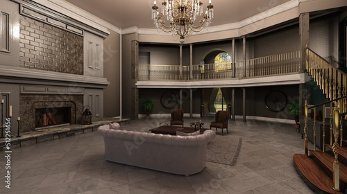 Great hall big foyer with fireplace and piano 3d illustration