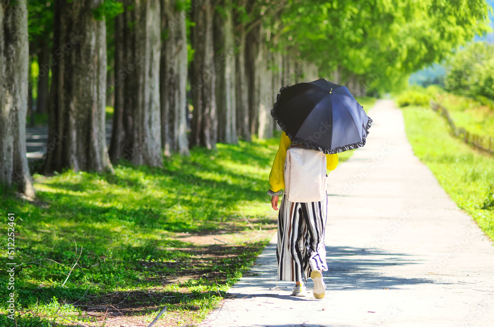 黒い日傘をさして歩く女性