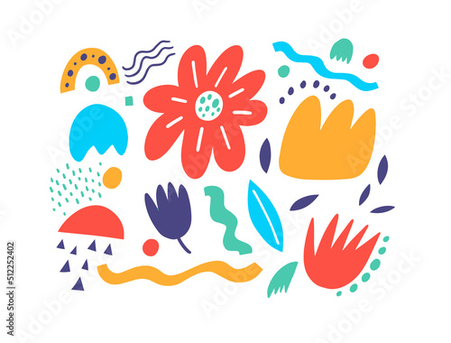 Abstract colorful doodle nature and floral elements set. Pastel colored shapes.