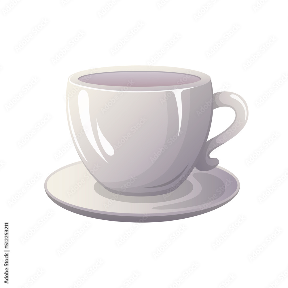 Cartoon mug. Ceramic, white mug on a saucer. Cartoon mug. Ceramic, white mug on a saucer.