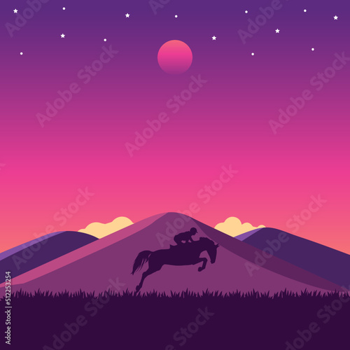 Silhouette of a woman riding a horse with mountain at sunset. Vector Illustration © ryanbagoez