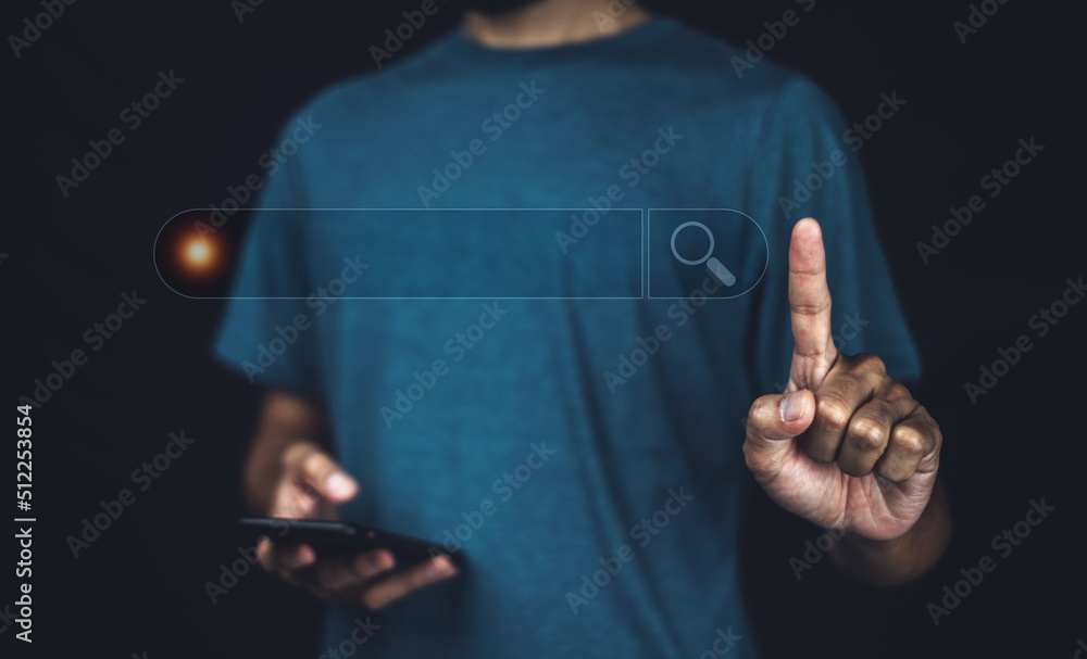 Businessman using mobile smartphone search on mobile internet - obrazy, fototapety, plakaty 
