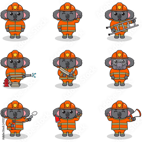 Vector Illustration of Koala cartoon with Firefighter costume. Set of cute Koala characters. Collection of funny Koala isolated on a white background.