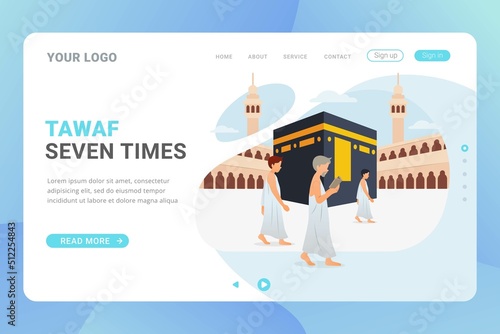 Hajj and umrah landing page template for travel service business website and mobile web with flat design concept vector illustration photo
