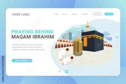 Hajj and umrah landing page template for travel service business website and mobile web with flat design concept vector illustration