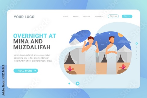 Hajj and umrah landing page template for travel service business website and mobile web with flat design concept vector illustration