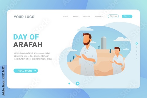 Hajj and umrah landing page template for travel service business website and mobile web with flat design concept vector illustration