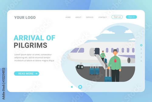 Hajj and umrah landing page template for travel service business website and mobile web with flat design concept vector illustration