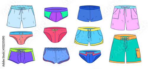 Men swimwear doodle collection. Man swimsuit doodle set. Mens underwear, underpants, boxers, shorts, swimming trunks sketches. Summer vacation male clothes. Swimwear male fashion.