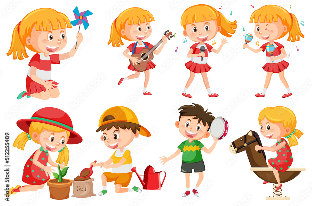 Set of children doing different activities Set of children doing different activities
