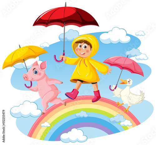 A girl holding umbrella and walking on rainbow