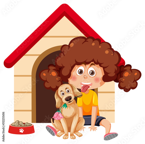 A girl with her dog and doghouse