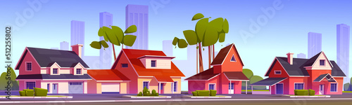 Street in suburb district with residential houses and city on skyline. Vector cartoon illustration of summer landscape with suburban cottages with garages, green trees and road