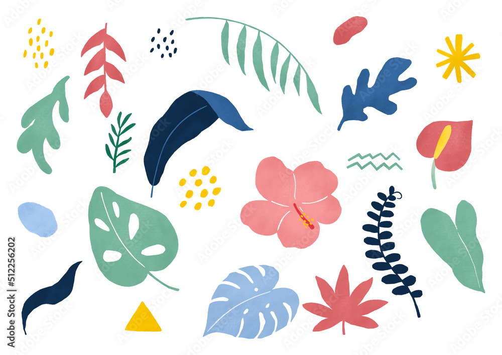 Set of tropical plants doodle illustration.