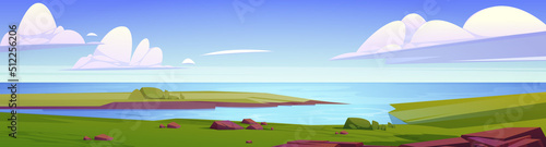 Summer landscape with lake  green fields and rocks. Vector cartoon illustration of nature panorama with river or sea strait with blue water and empty coast on horizon