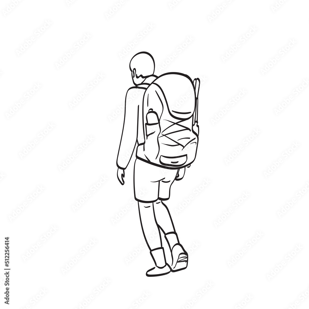rear view of male backpacker walking illustration vector hand drawn isolated on white background line art. rear view of male backpacker walking illustration vector hand drawn isolated on white background line art.