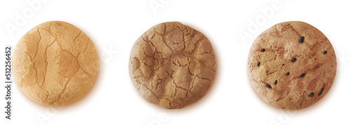 Chocolate drop cookies realistic vector top view. Crumble oatmeal biscuit with cinnamon, cocoa or sesame sprinkles isolated on white bsckground. Cracked homemade cakes
