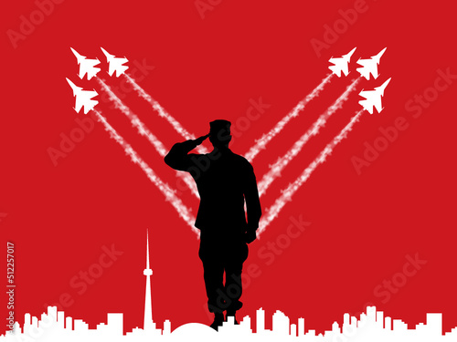 A Canadian soldier is saluting and fighter jets are flying with honor. Poster design for Canada, Proud Canadian soldiers, Landmarks of Canada.