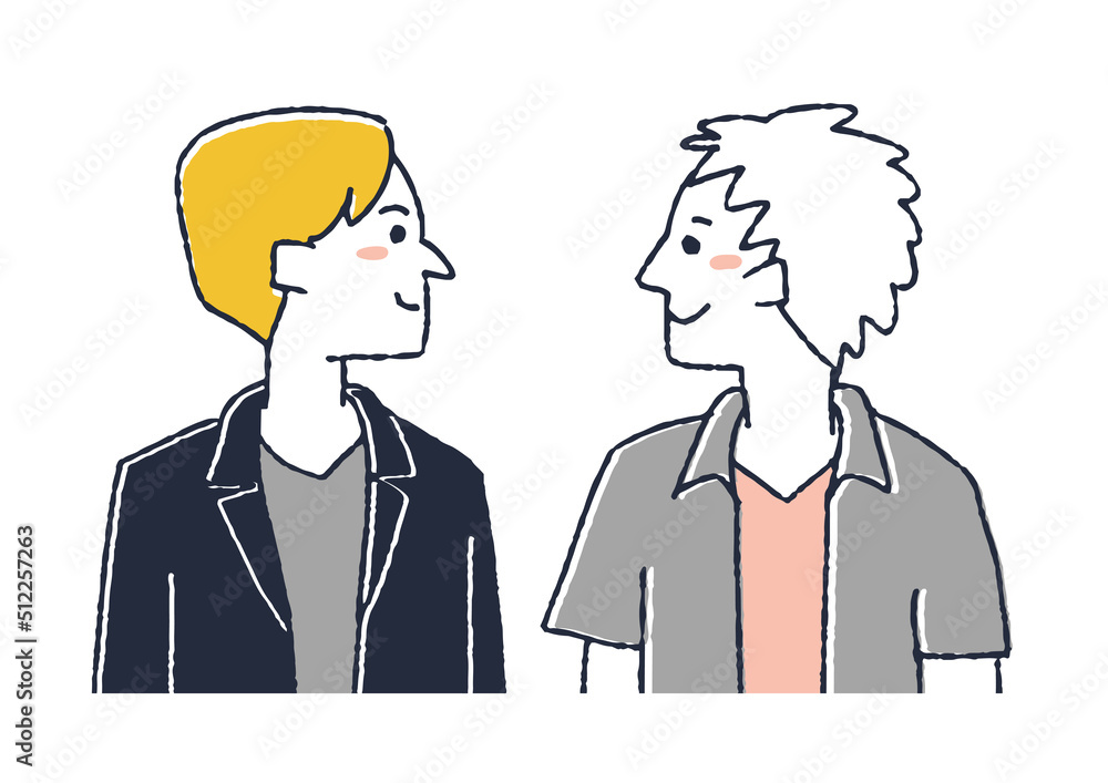 若い男性二人　横に並び向かい合う隣人