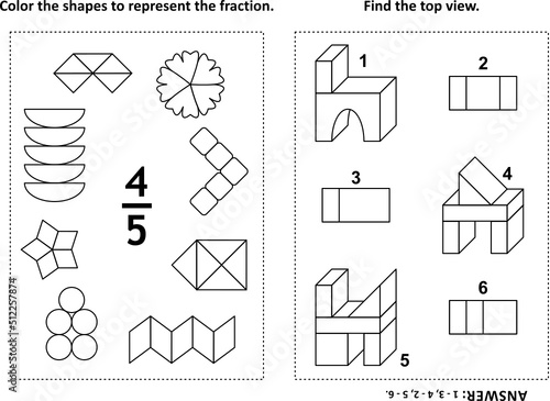 Two visual math puzzles and coloring pages. Color the shapes to represent the fraction. Find the top view. Black and white. Answers included.
