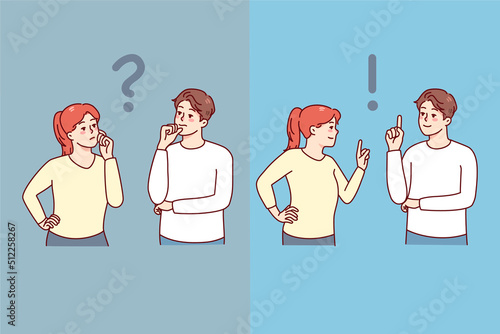 Couple feeling confused thinking of problem solution. Pensive man and woman consider solving issue and finding answer. Teamwork concept. Vector illustration. 