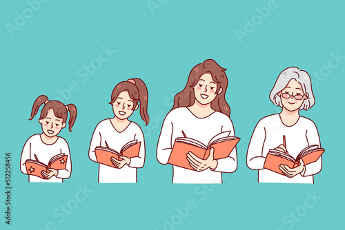 Woman writing in diary all her life. Small girl, adult woman and old grandmother handwriting in planner or journal, making memories. Vector illustration. 