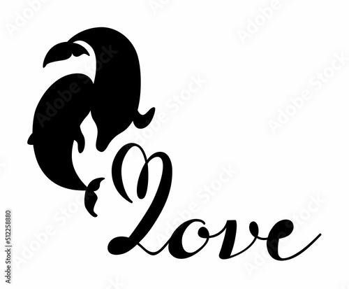 Silhouette of dolphins in love with lettering on the theme of love. A group of dolphins frolic in the water. Stylization of dolphins for the logo. Illustration on a marine theme in a flat style.