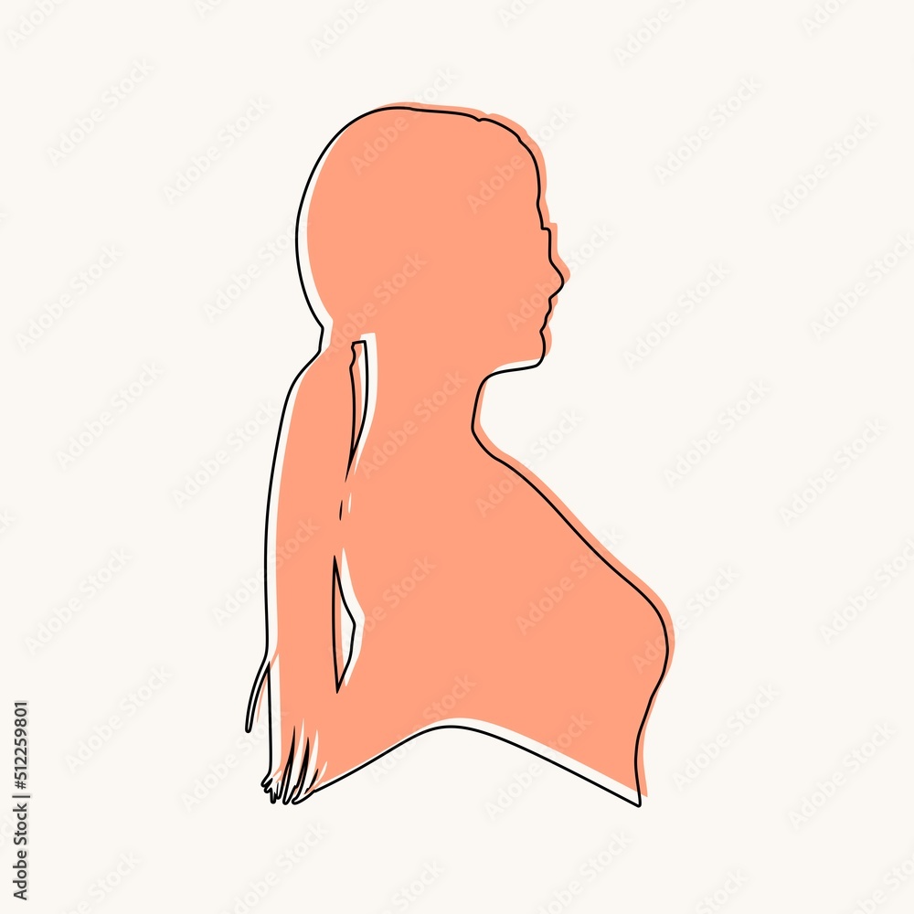Woman side view. Elegant silhouette of a female torso. Thin line style