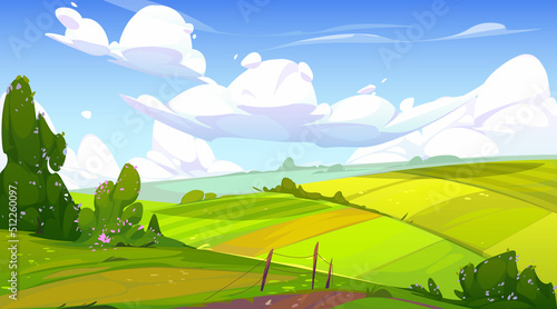 Rural landscape with green agriculture fields, path and bushes with flowers. Vector cartoon panoramic illustration of summer countryside with pastures, grass and farmland