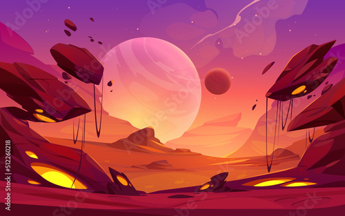 Fantastic landscape of alien planet with rocks, flying stones and glowing yellow spots. Vector cartoon fantasy illustration of cosmos and planet surface panorama for space game background