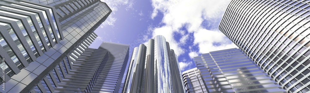 Skyscrapers, high-rise buildings from below against the background of the sky, cityscape, panorama of skyscrapers, 3D rendering Skyscrapers, high-rise buildings from below against the background of the sky, cityscape, panorama of skyscrapers, 3D rendering