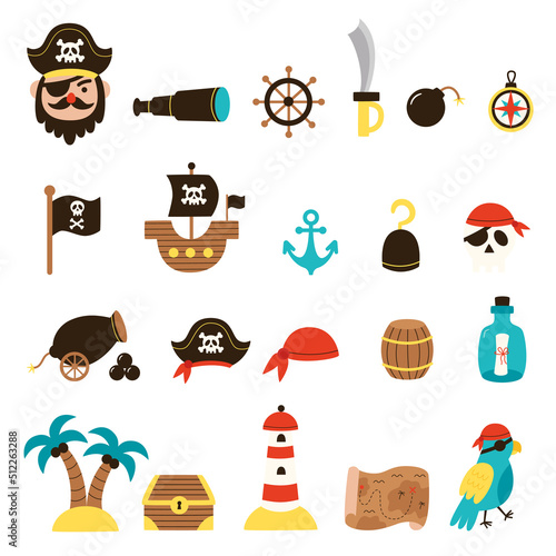 Set of flat pirate elements for creating logos, posters, worksheets for kids.