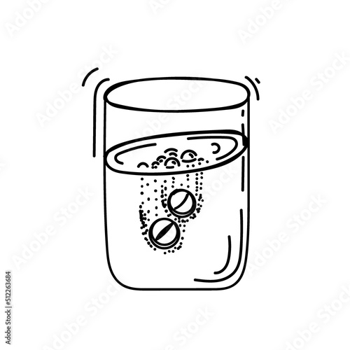 A glass of dissolving tablets. Hygienic remedy, hand-drawn with elements of the caramel. Fizzy tablets. Aspirin. Pain. Dissolve. Medications. Painkillers. Oral hygiene. Vector illustration.