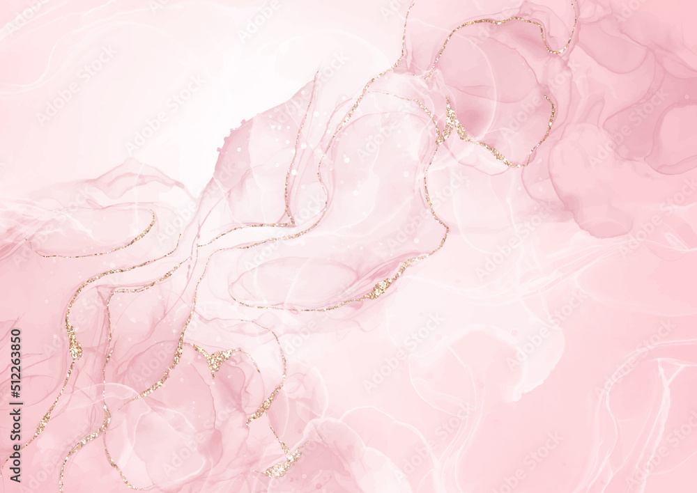 Pastel pink alcohol ink background with gold glitter elements - obrazy, fototapety, plakaty 